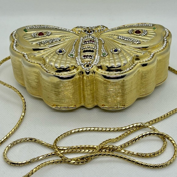 Judith Leiber RARE Butterfly Minaudiere Bag Cabachon & Swarovski Brushed Gold - Picture 4 of 12